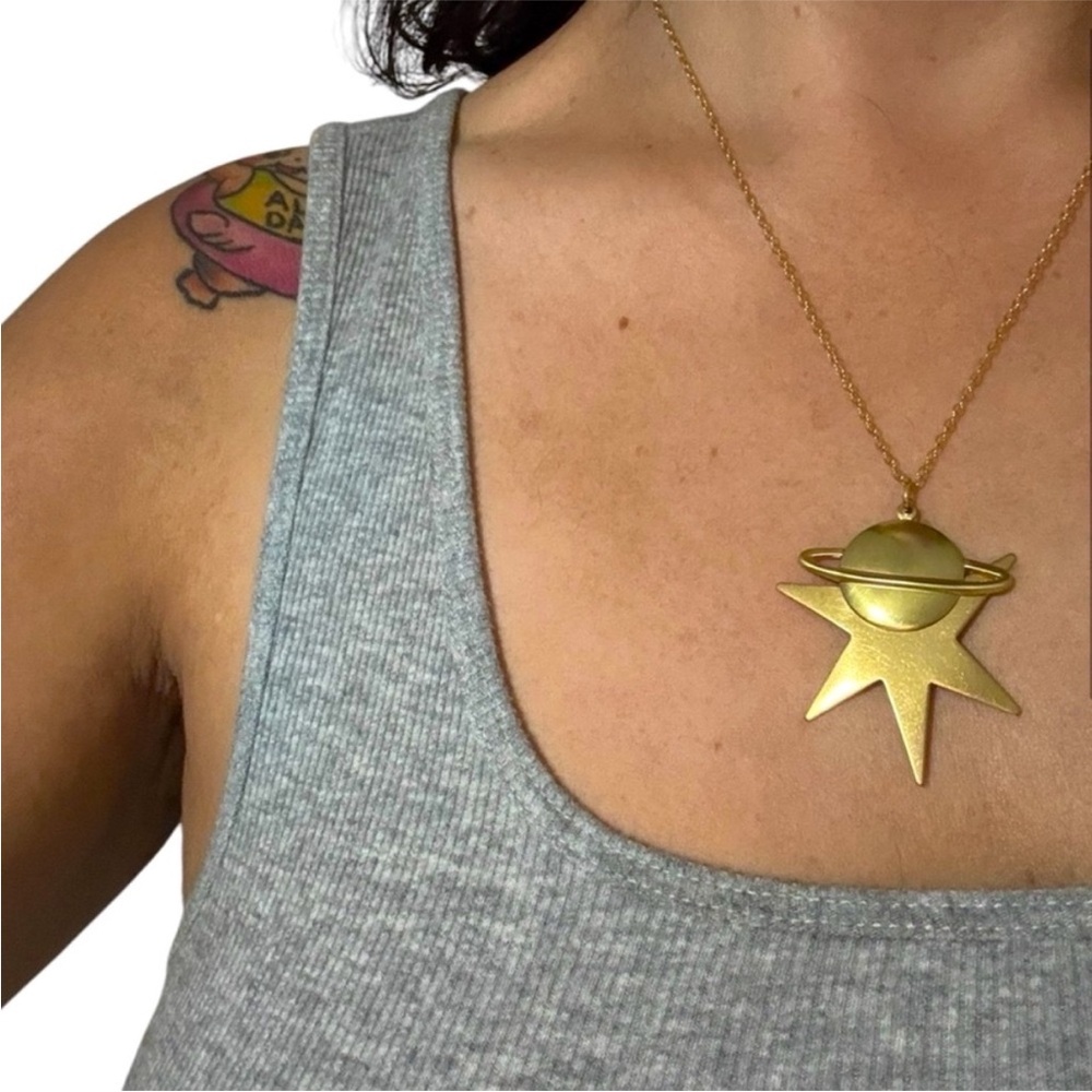 Handmade Celestial Gold Pendant Necklace Stars, Planets, Approx 23”, OOAK